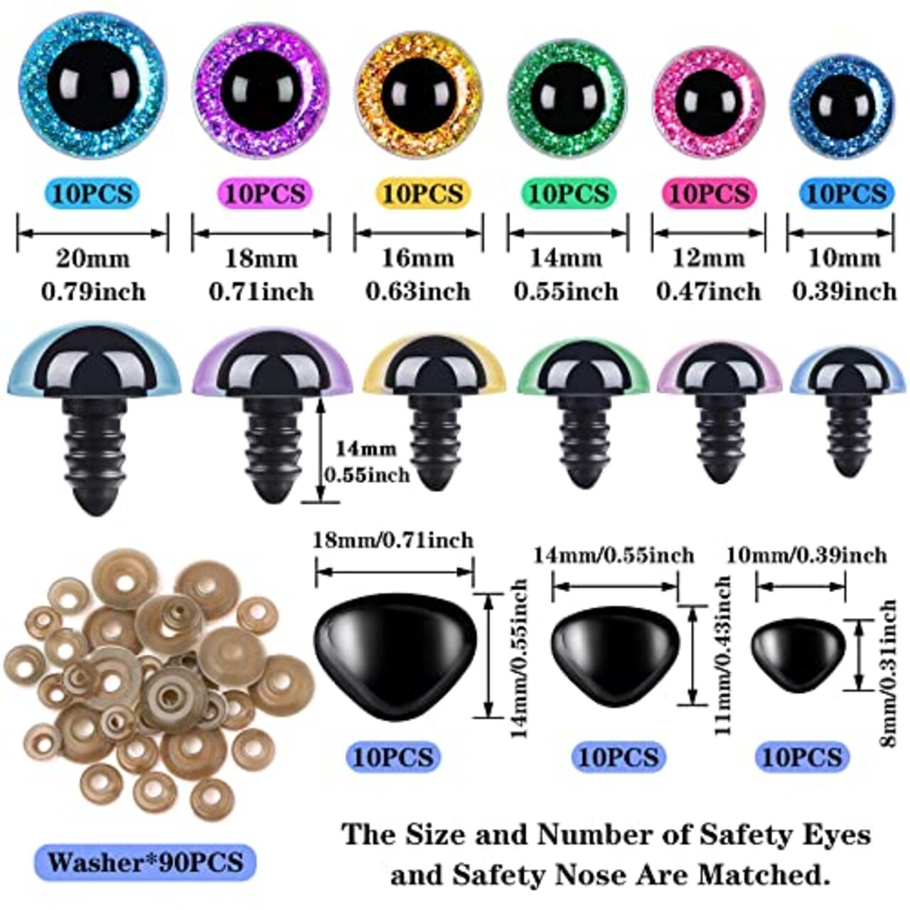 180 Pieces 10-20 mm Large Safety Eyes and Nose with Washers for Amigurumi Stuffed Animal Eyes Plastic Craft Doll Crochet Eyes for DIY of Puppet, Bear, Toy Making Supplies (Assorted Colors)